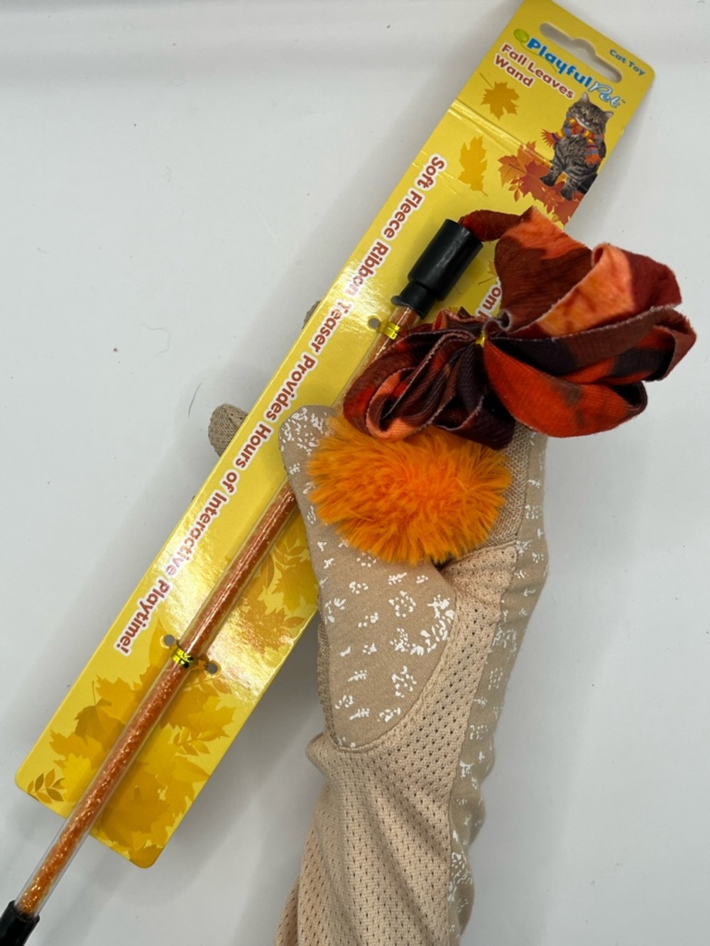 Fall Leaves fleece Cat Wand Toy - Orange